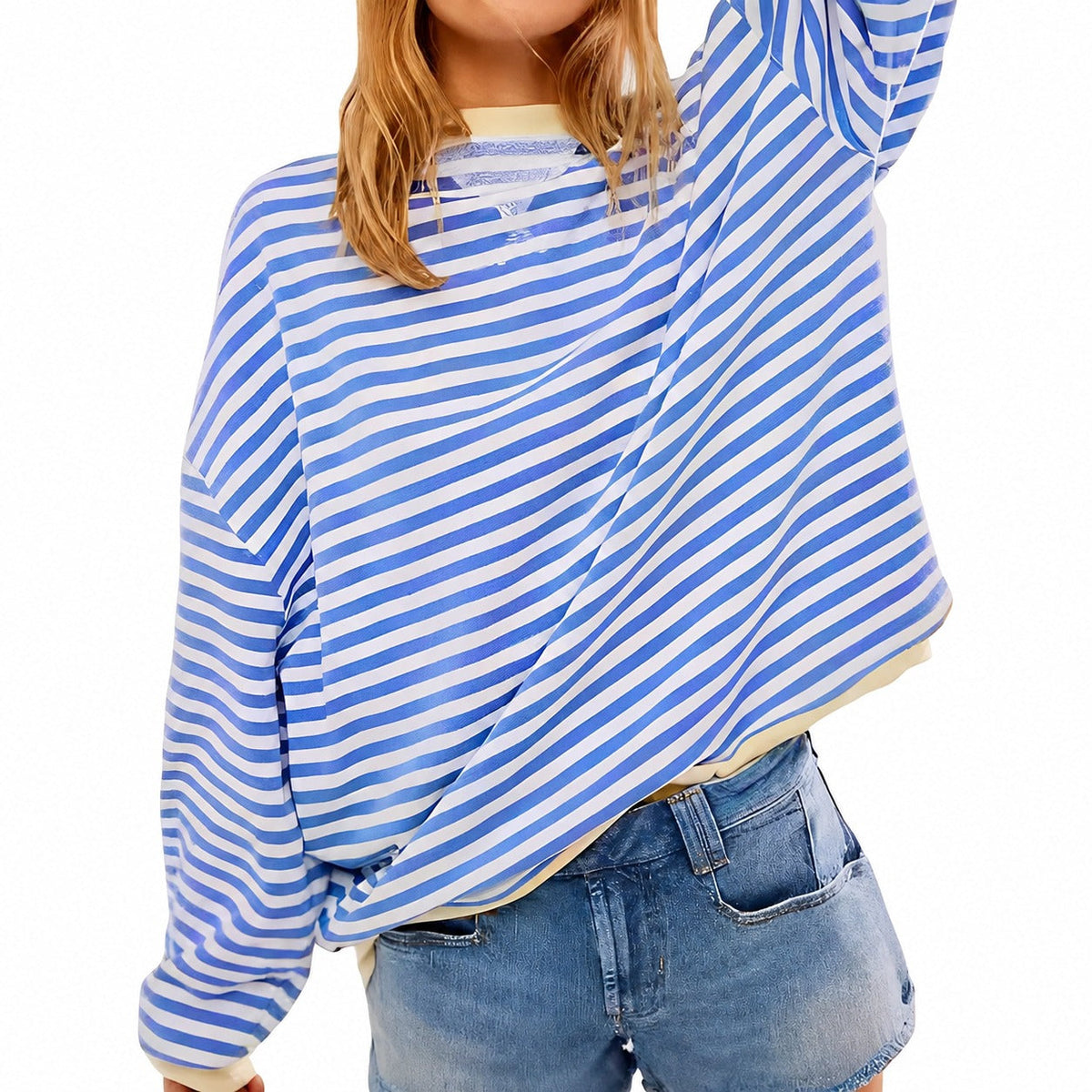 Women's striped crew-neck jumper with long sleeves and contrasting ribbed trims