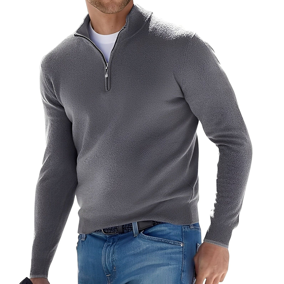 Men's plain long-sleeve half-zip jumper with mock neck and ribbed trims