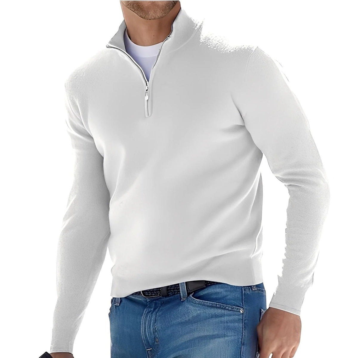Men's plain long-sleeve half-zip jumper with mock neck and ribbed trims