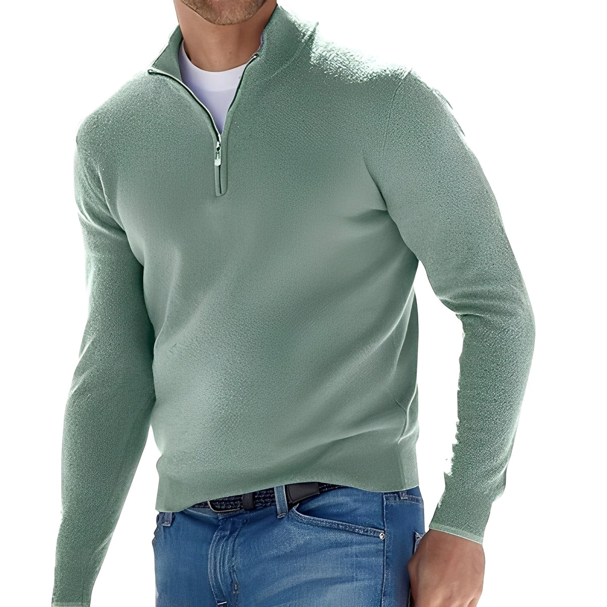 Men's plain long-sleeve half-zip jumper with mock neck and ribbed trims