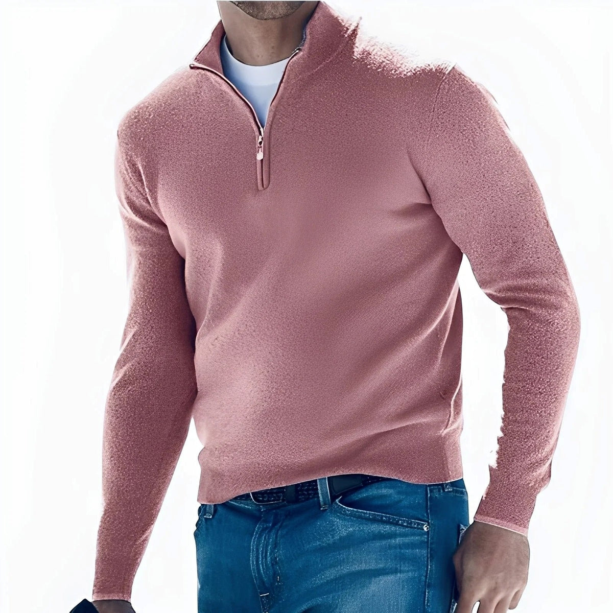 Men's plain long-sleeve half-zip jumper with mock neck and ribbed trims