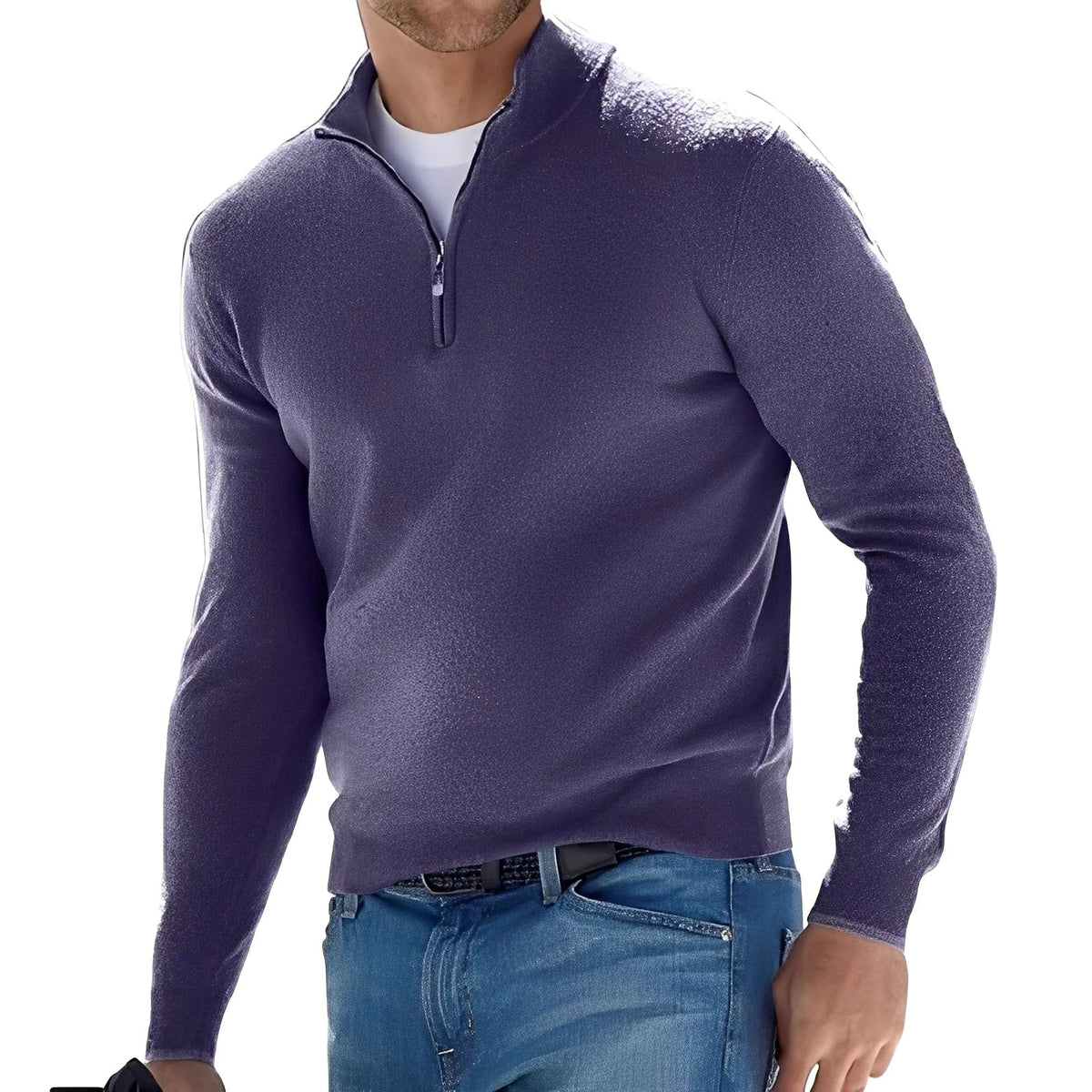 Men's plain long-sleeve half-zip jumper with mock neck and ribbed trims