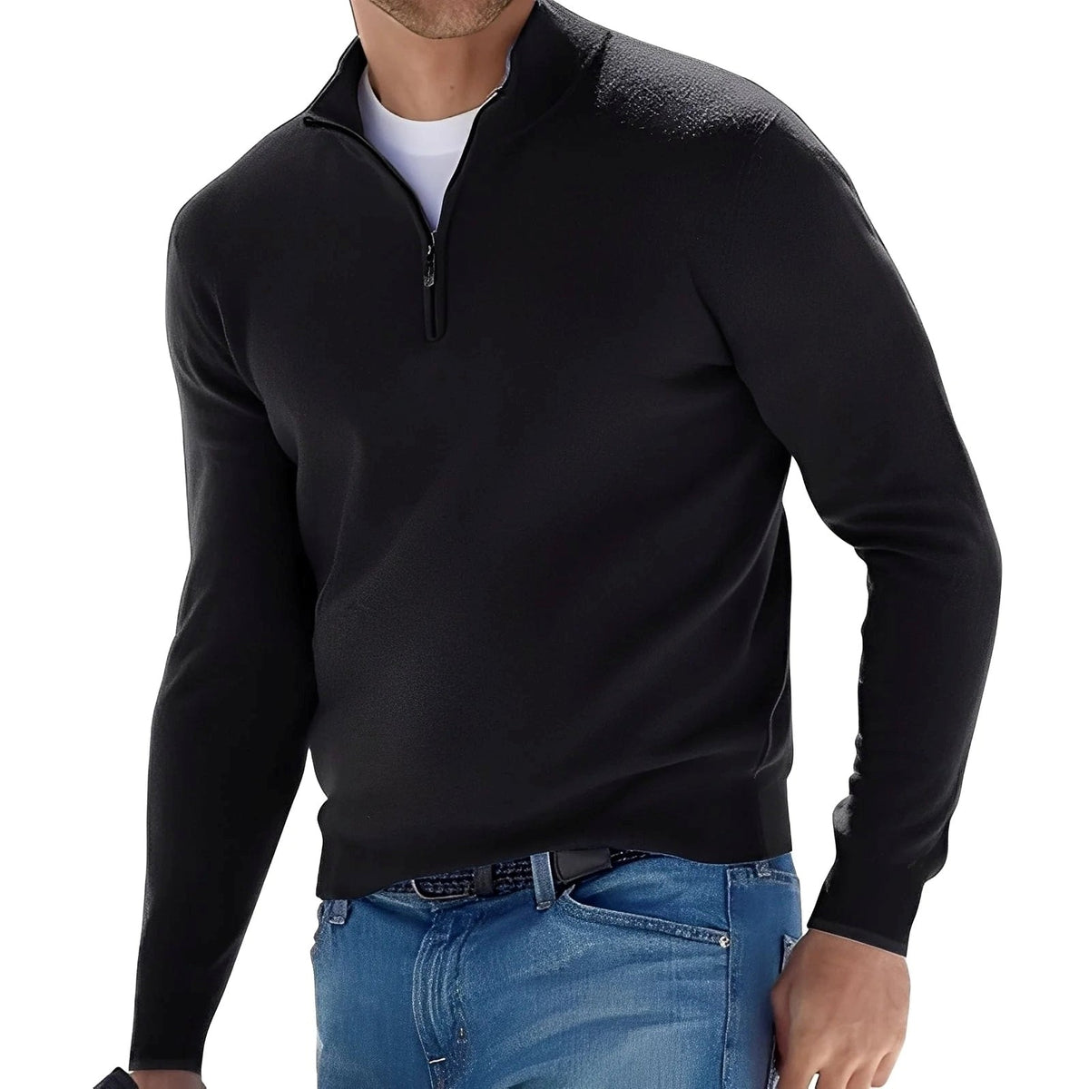 Men's plain long-sleeve half-zip jumper with mock neck and ribbed trims