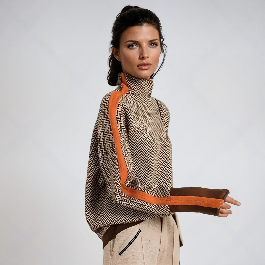 Women's geometric high-neck jumper with contrast sleeve trim