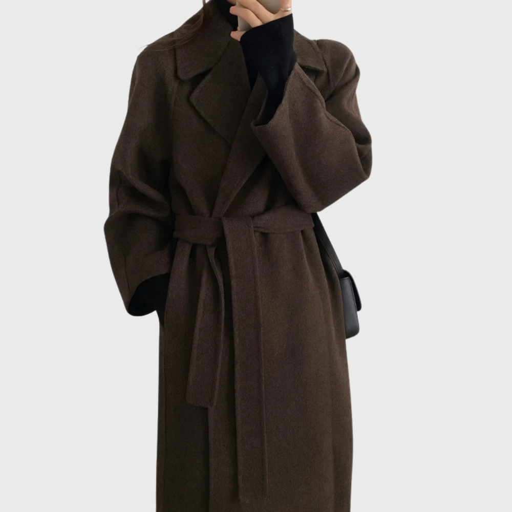 Women's long wrap coat with wide lapels and tie belt