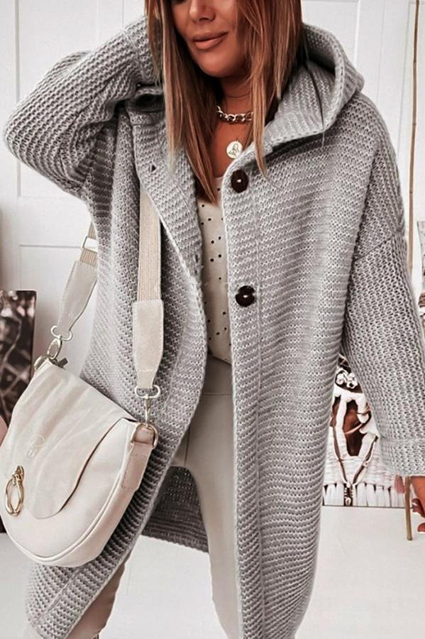 Women's longline hooded cardigan with button front and textured knit finish