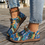Women's multicoloured geometric patchwork lace-up sneakers with round toes and flat soles