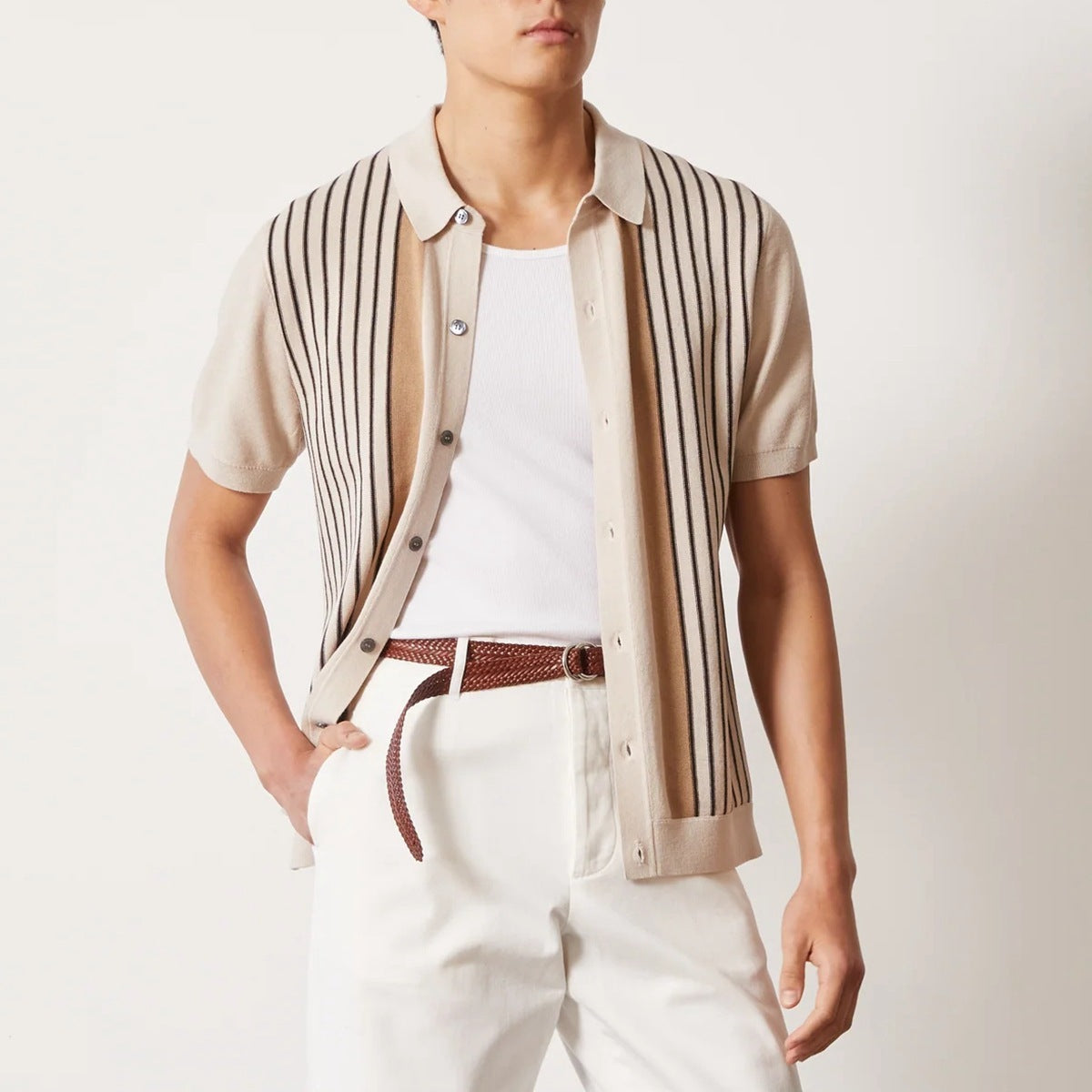 Men's striped knitted polo shirt with short sleeves and button front