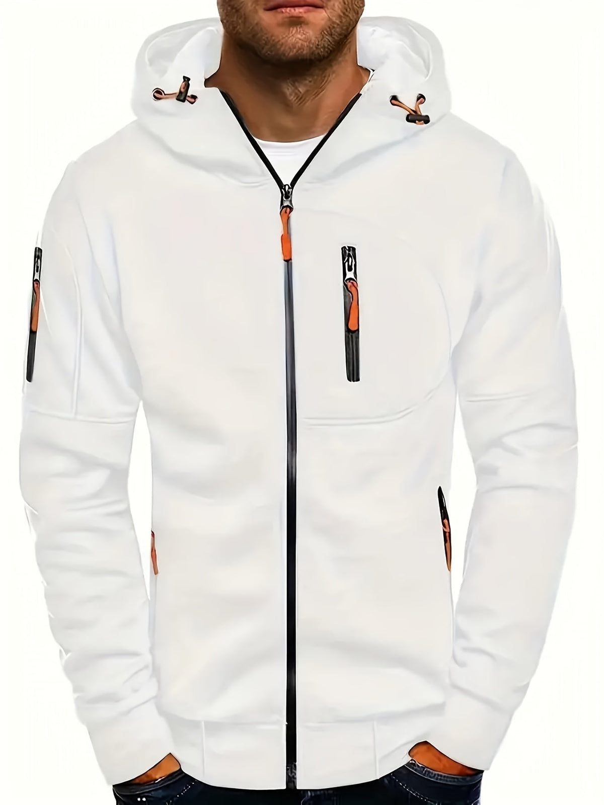 Men's plain hooded jacket with full zip and zipped pockets