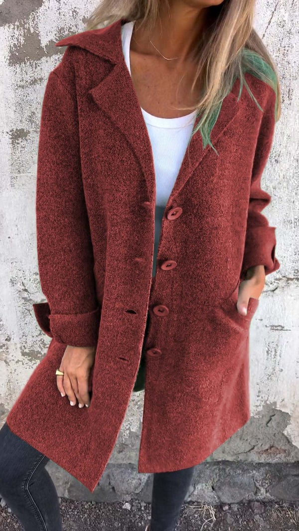 Women's longline button front coat with notched lapels and long sleeves