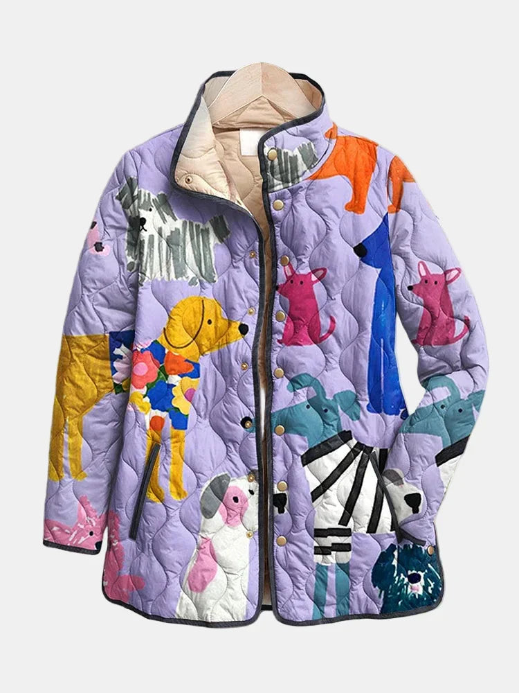 Women's multicoloured quilted jacket with animal print and snap fastening