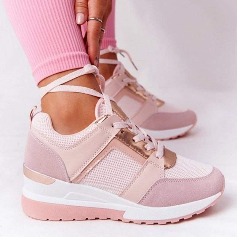 Women's lace-up wedge sneakers with perforated panels and metallic trims