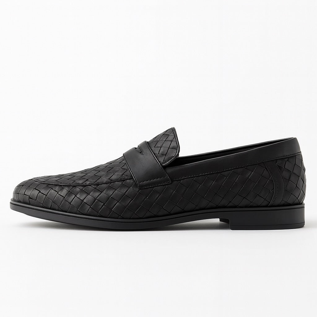 Men's woven slip-on loafer with penny strap and low heel