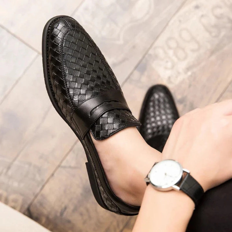 Men's woven slip-on loafer with penny strap and low heel