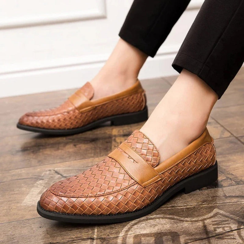 Men's woven slip-on loafer with penny strap and low heel