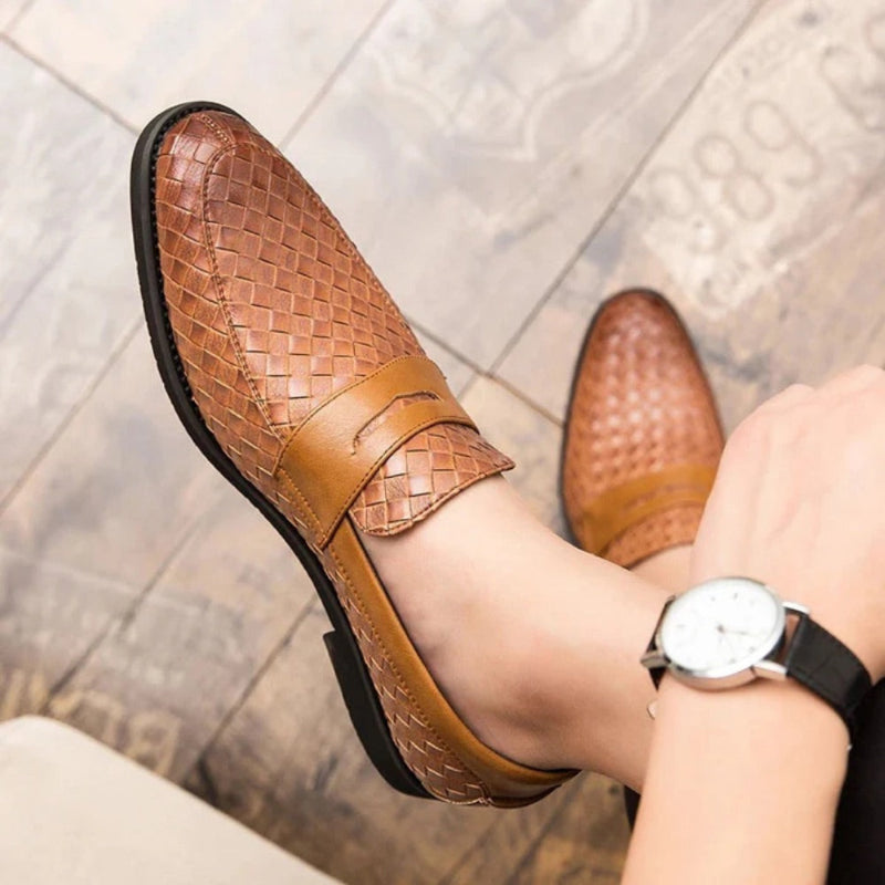 Men's woven slip-on loafer with penny strap and low heel
