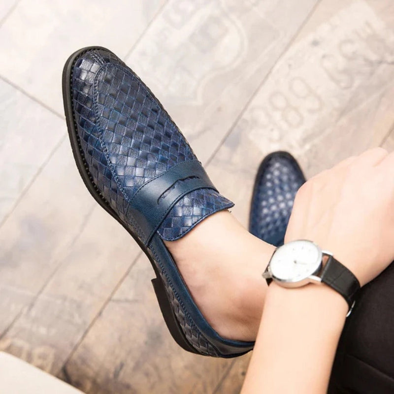 Men's woven slip-on loafer with penny strap and low heel
