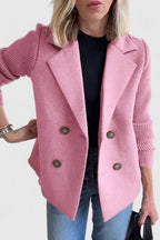 Women's short double-breasted coat with notched lapels and ribbed long sleeves