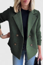 Women's short double-breasted coat with notched lapels and ribbed long sleeves