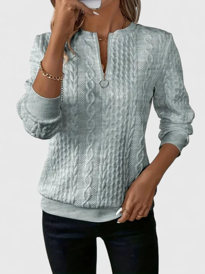 Women's textured cable knit quarter-zip sweater with long sleeves and ribbed trims