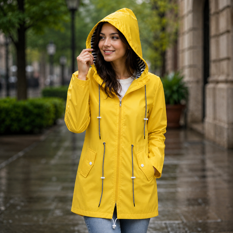 Women's hooded rain jacket with long sleeves, zip front and drawcord pockets