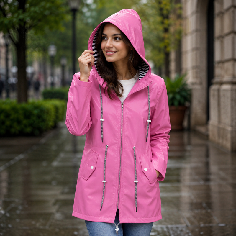 Women's hooded rain jacket with long sleeves, zip front and drawcord pockets
