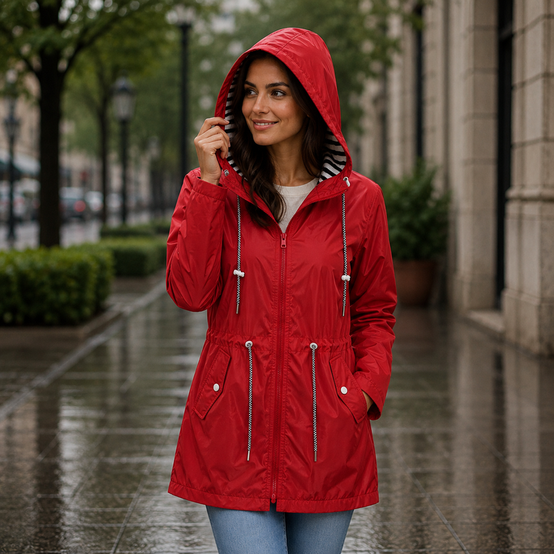 Women's hooded rain jacket with long sleeves, zip front and drawcord pockets
