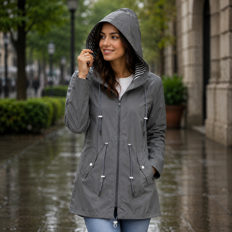 Women's hooded rain jacket with long sleeves, zip front and drawcord pockets
