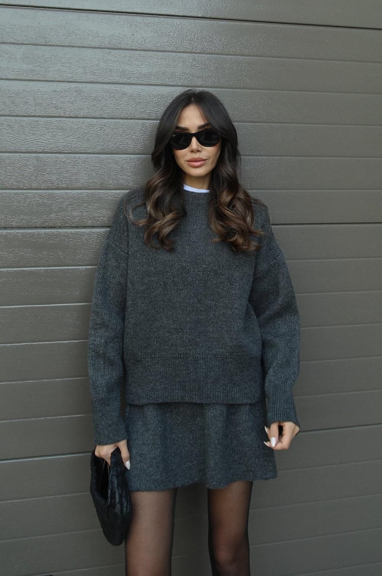 Women's knitted jumper and mini skirt set with long sleeves and crew neckline