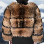 Women's brown fur-textured coat with oversized collar and long sleeves