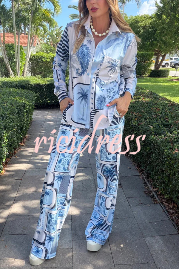 Women's red jungle print shirt and wide leg trousers set with striped detailing
