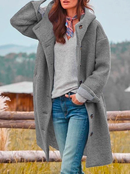 Women's longline hooded coat with button front and striped turn-back cuffs
