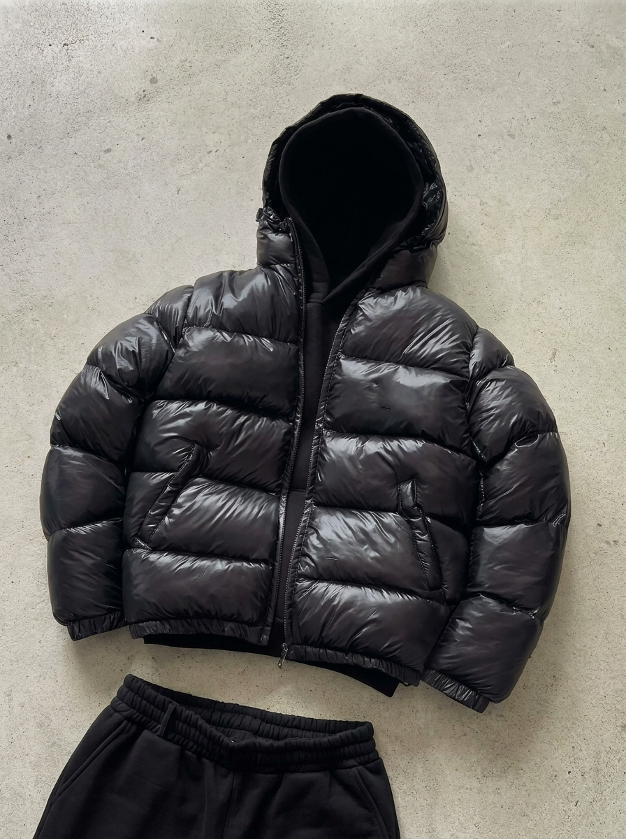 Men's hooded quilted puffer jacket shown in grey and black