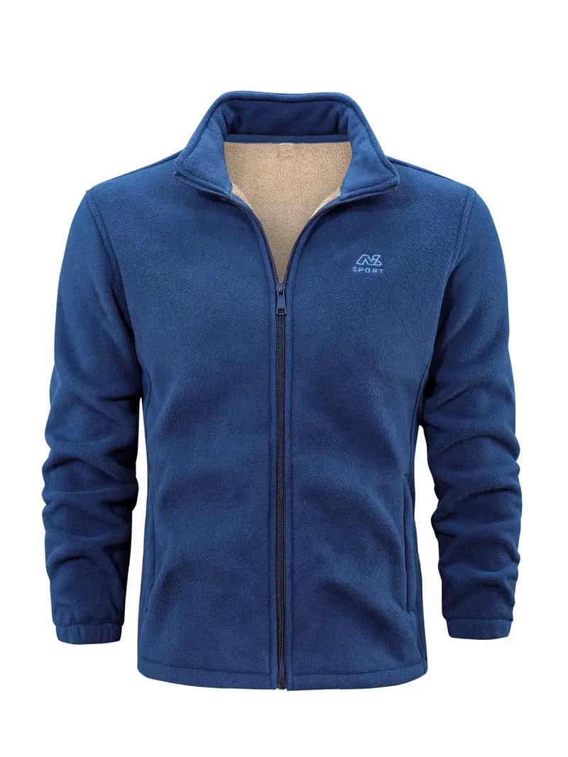 Men's fleece jacket with stand collar, long sleeves and full zip front