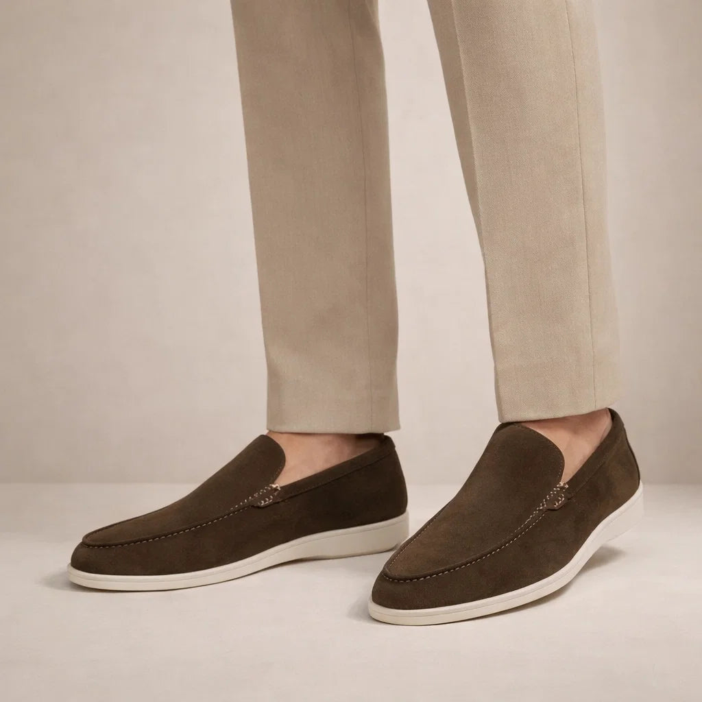 Men's textured slip-on loafers with stitched almond toes and flat soles