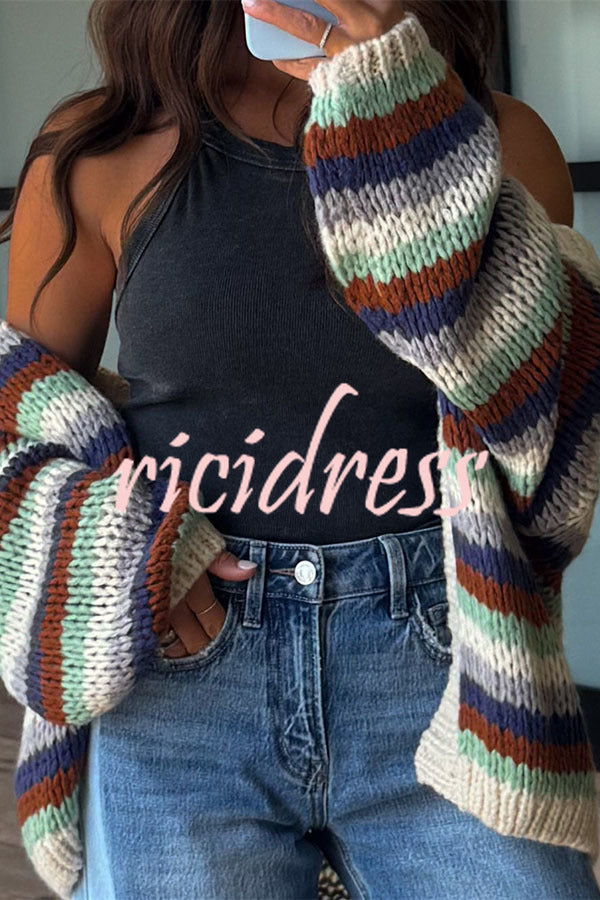 Women's chunky striped cardigan with open front and balloon sleeves
