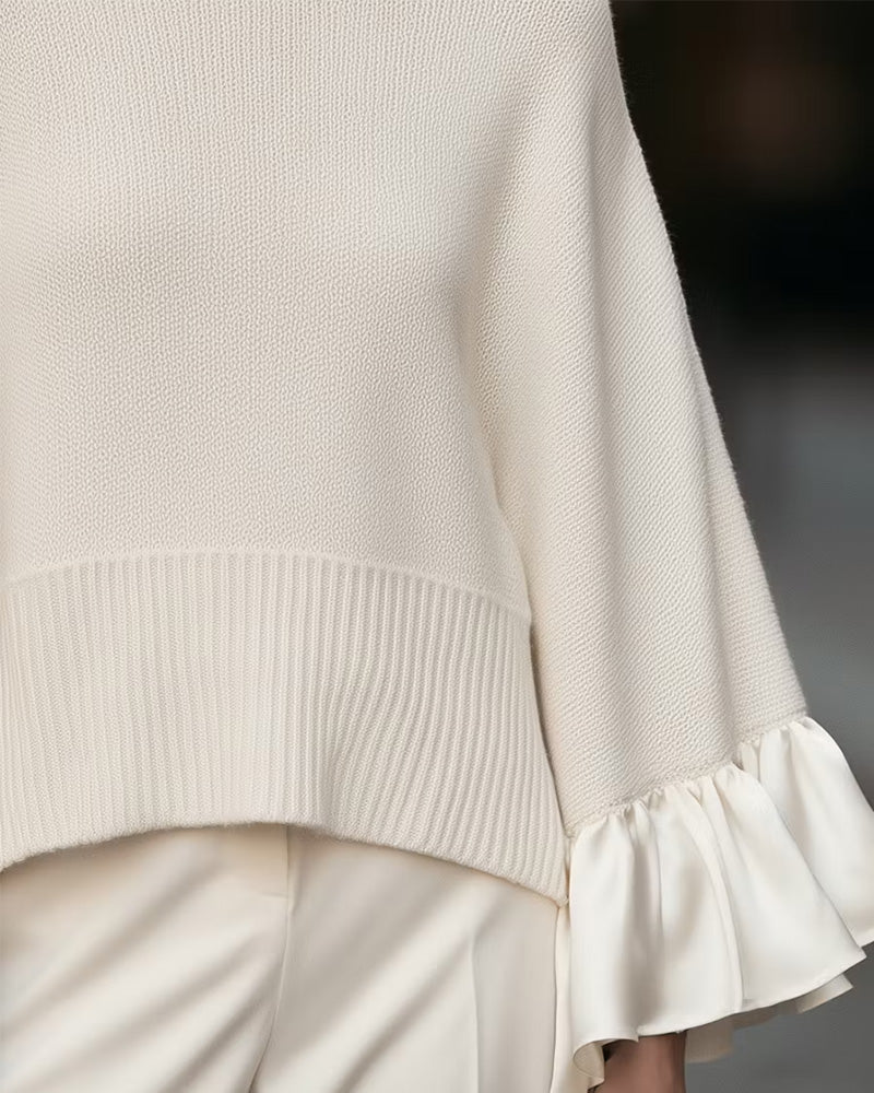 Women's beige roll neck jumper with long sleeves and layered ruffle cuffs