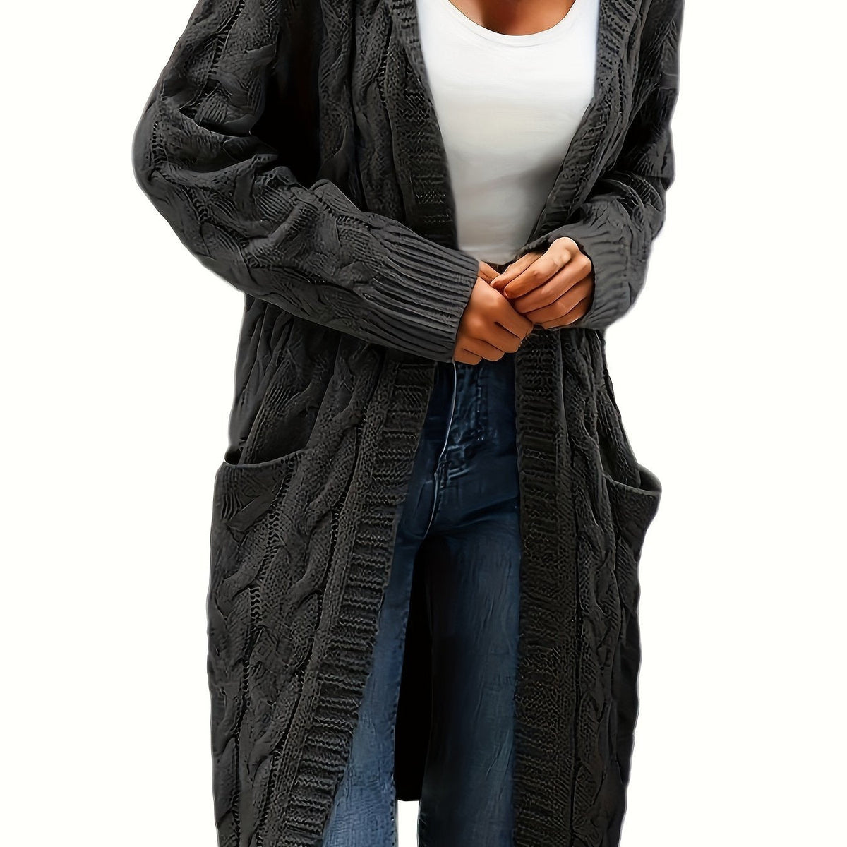 Women's long textured knit cardigan with open front, long sleeves and front pockets