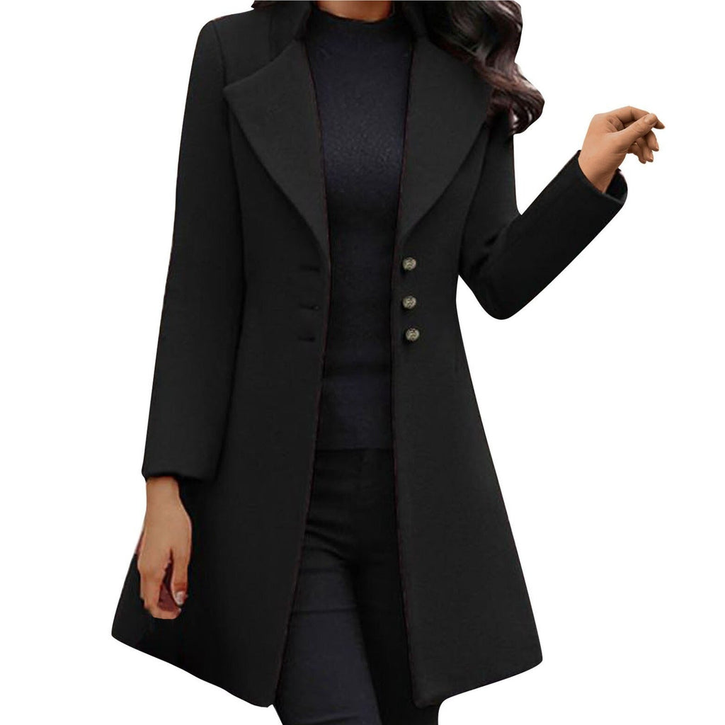 Women's long tailored coat with notched lapels and button front