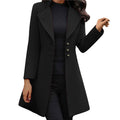Women's long tailored coat with notched lapels and button front