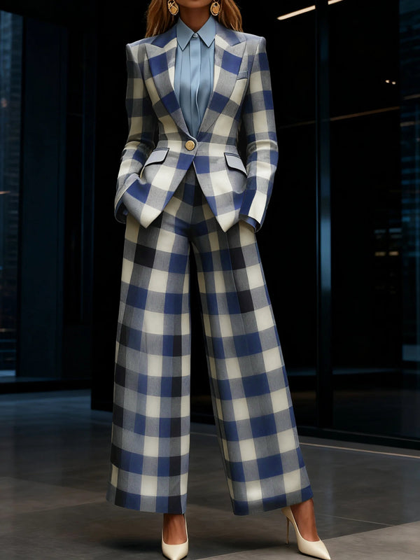 Women's blue checked blazer with notched collar, long sleeves and flap pockets