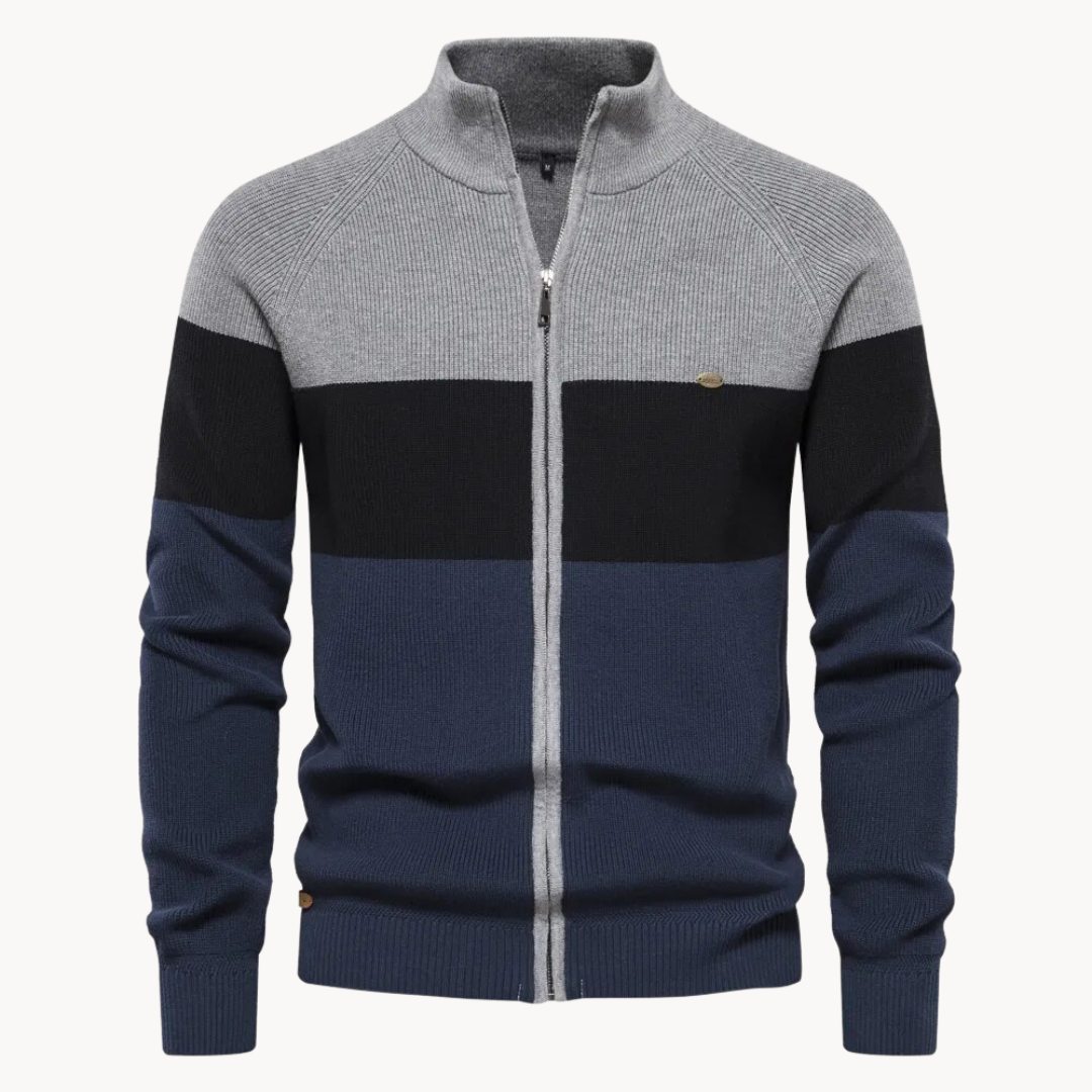 Men's colour-block striped cardigan with mock neck and front zip