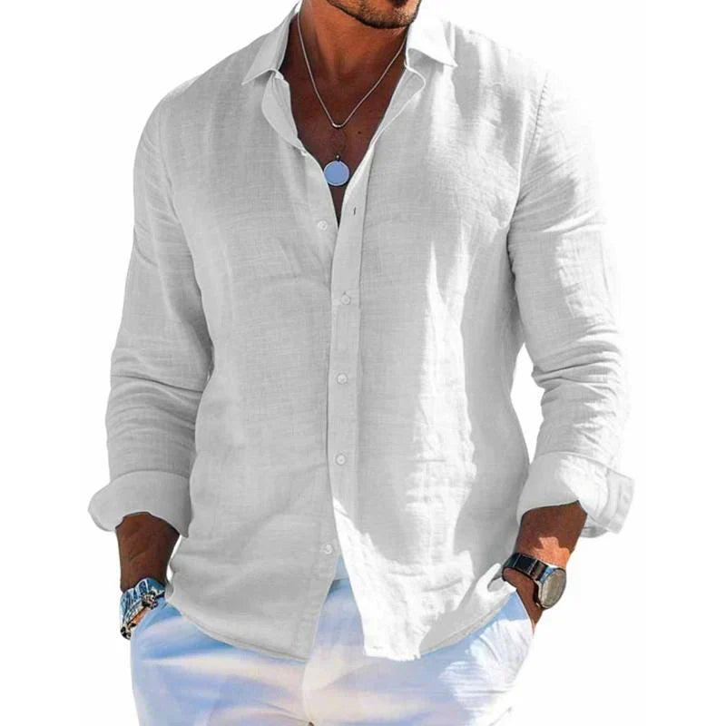 Men's plain long-sleeve button-front shirt with open collar