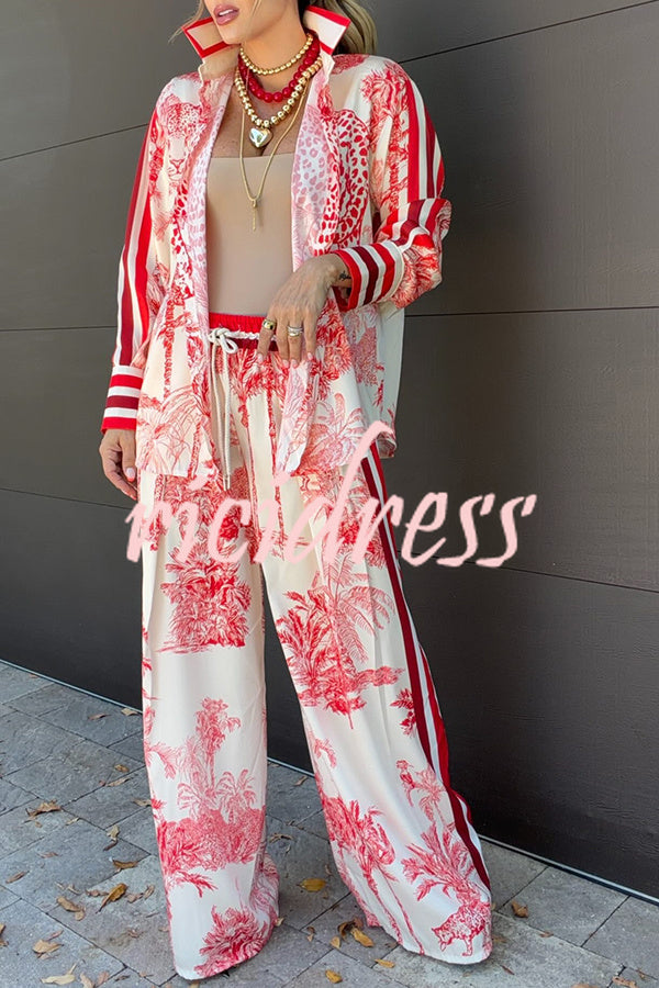 Women's red jungle print shirt and wide leg trousers set with striped detailing