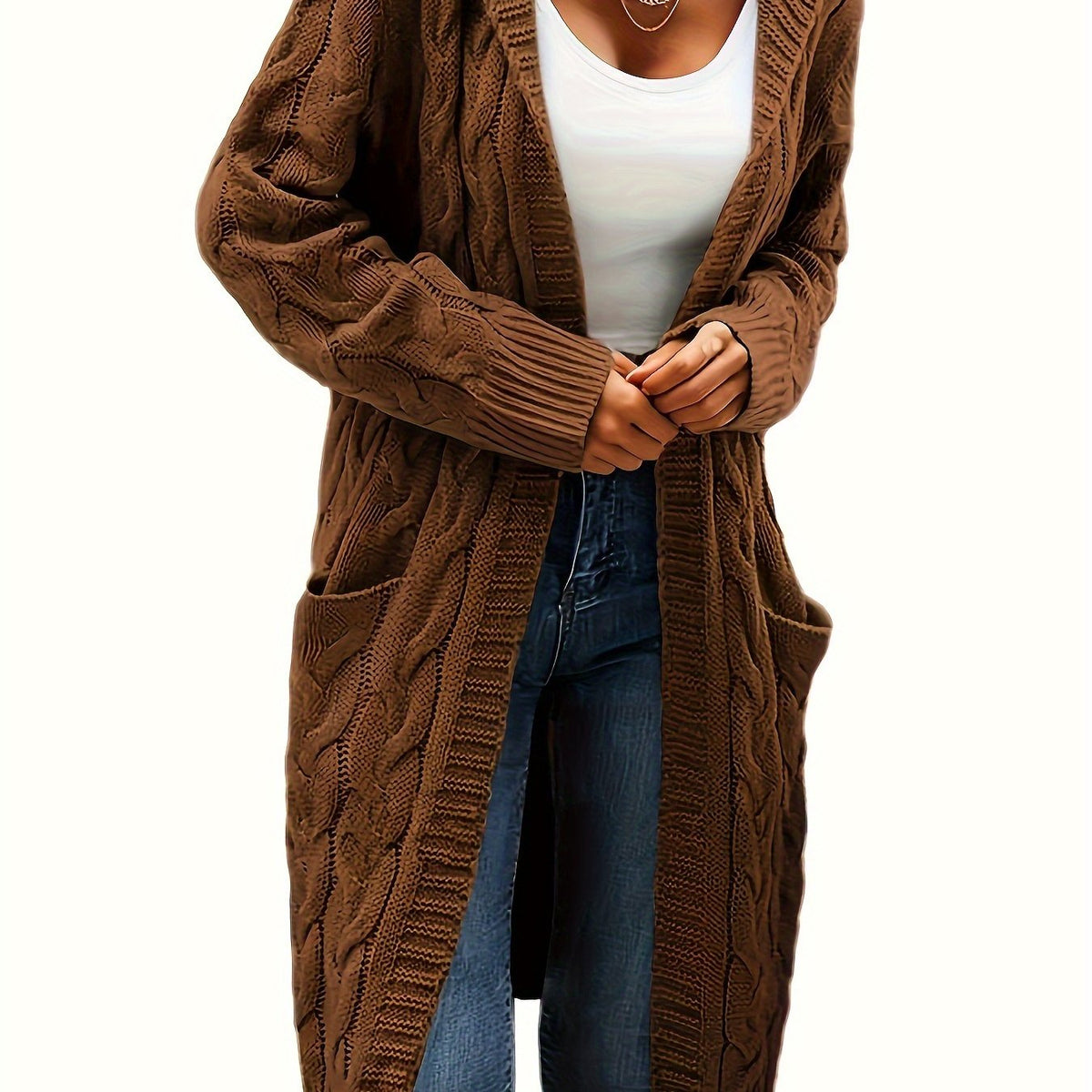 Women's long textured knit cardigan with open front, long sleeves and front pockets