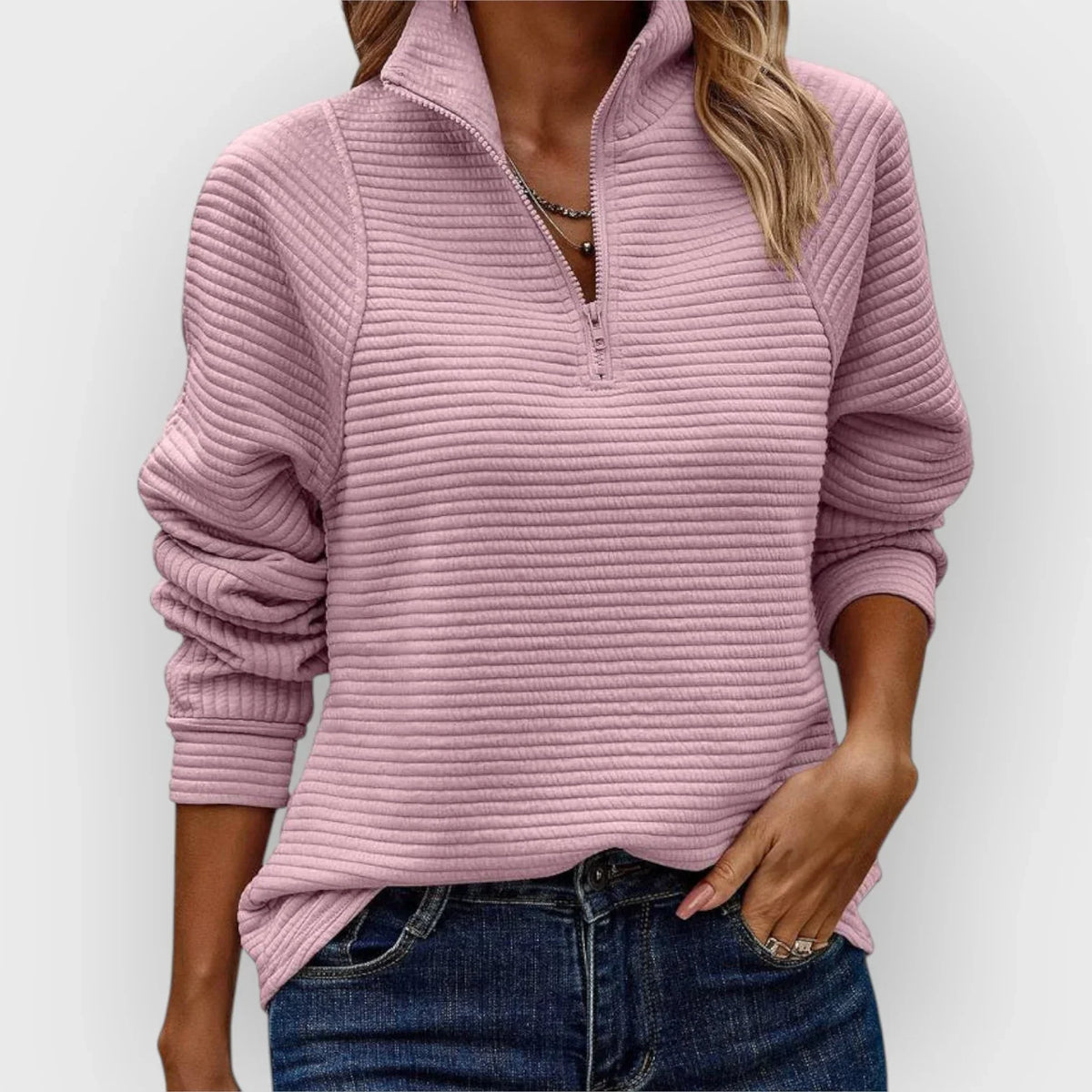 Women's ribbed half-zip pullover with mock neck and long sleeves