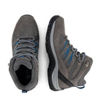 Grey lace-up hiking boots with blue details and textured soles