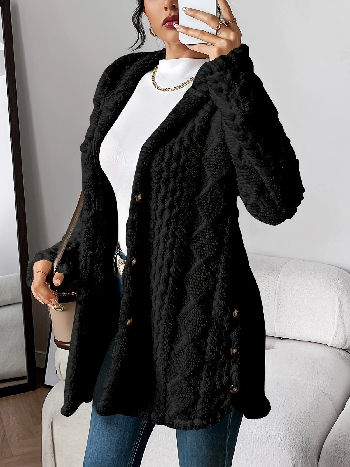 Women's hooded textured cardigan with long sleeves, button front and side pockets