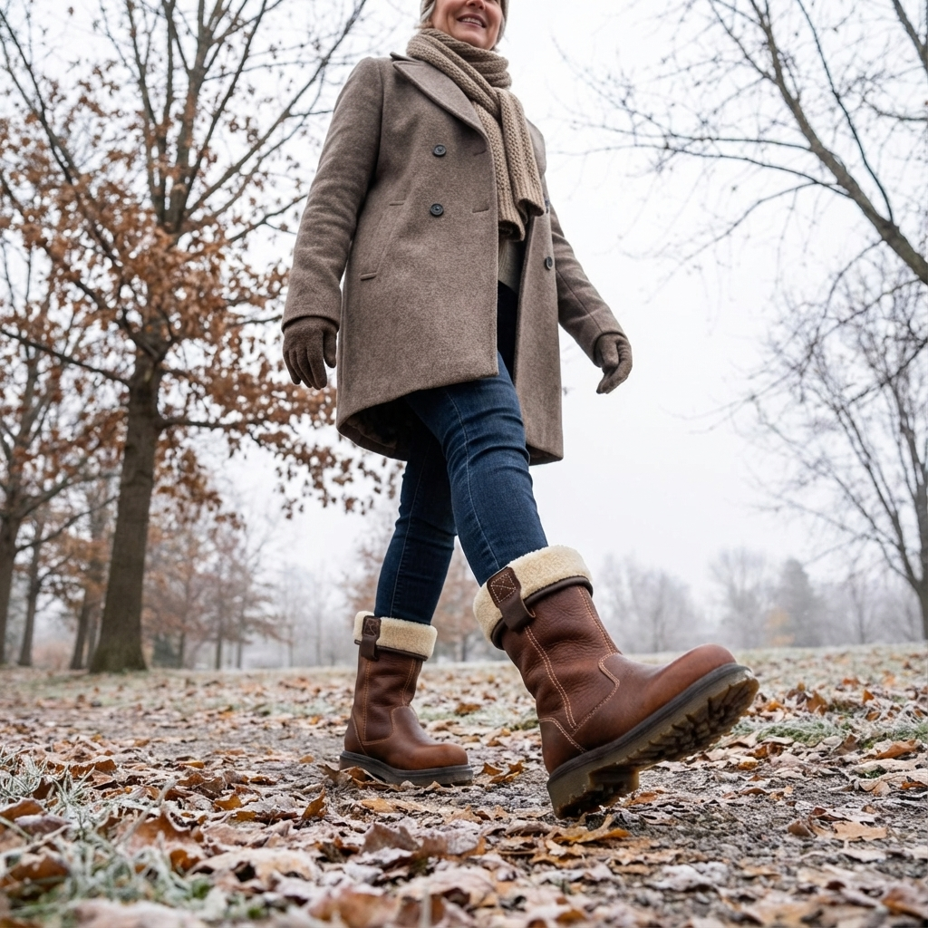 Brown ankle boots with cream fur-style cuffs, buckle trim and lugged soles