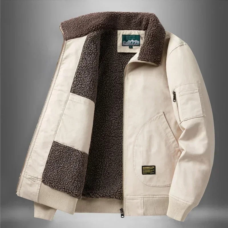 Men's sherpa-lined bomber jacket with zip front, ribbed trims and sleeve pocket